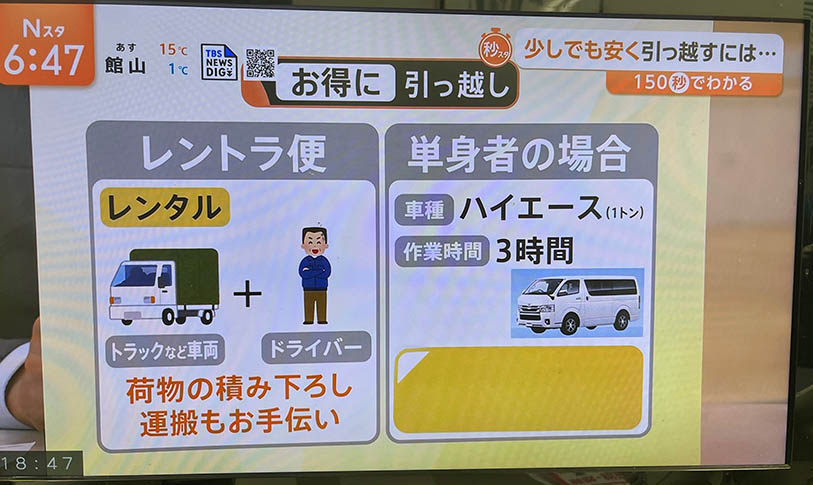 TBS「Nスタ」にレントラ便が「お得に引っ越し」「少しでも安く引っ越すには」と題して紹介されました。